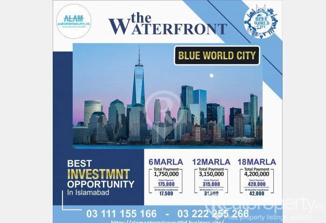 Blue world city,water front 6,12,18 marla plot for sale