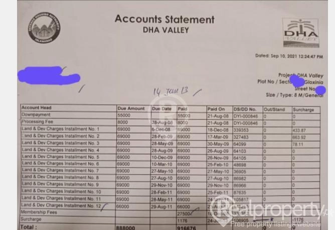 DHA Valley Islamabad, Gloxinia Sector, 8 Marla, Open File all Instalments Paid with no Outstanding Amount